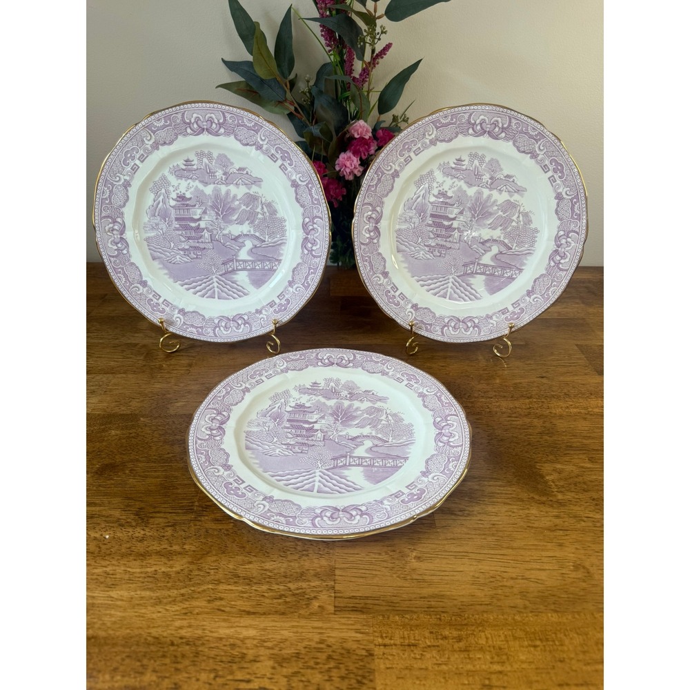 Vintage Adderley England Purple Willow Pattern Style Dinner Plates Bone China